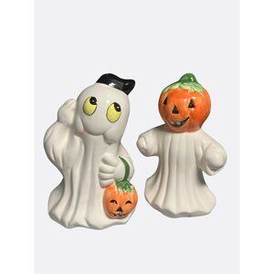 Ceramic Halloween Ghost and Pumpkin Head Figurines Set Of 2 Halloween Decor